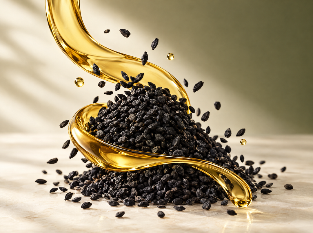 Huile de nigelle éthiopienne — Huile de Nigella sativa, composition abstraite.