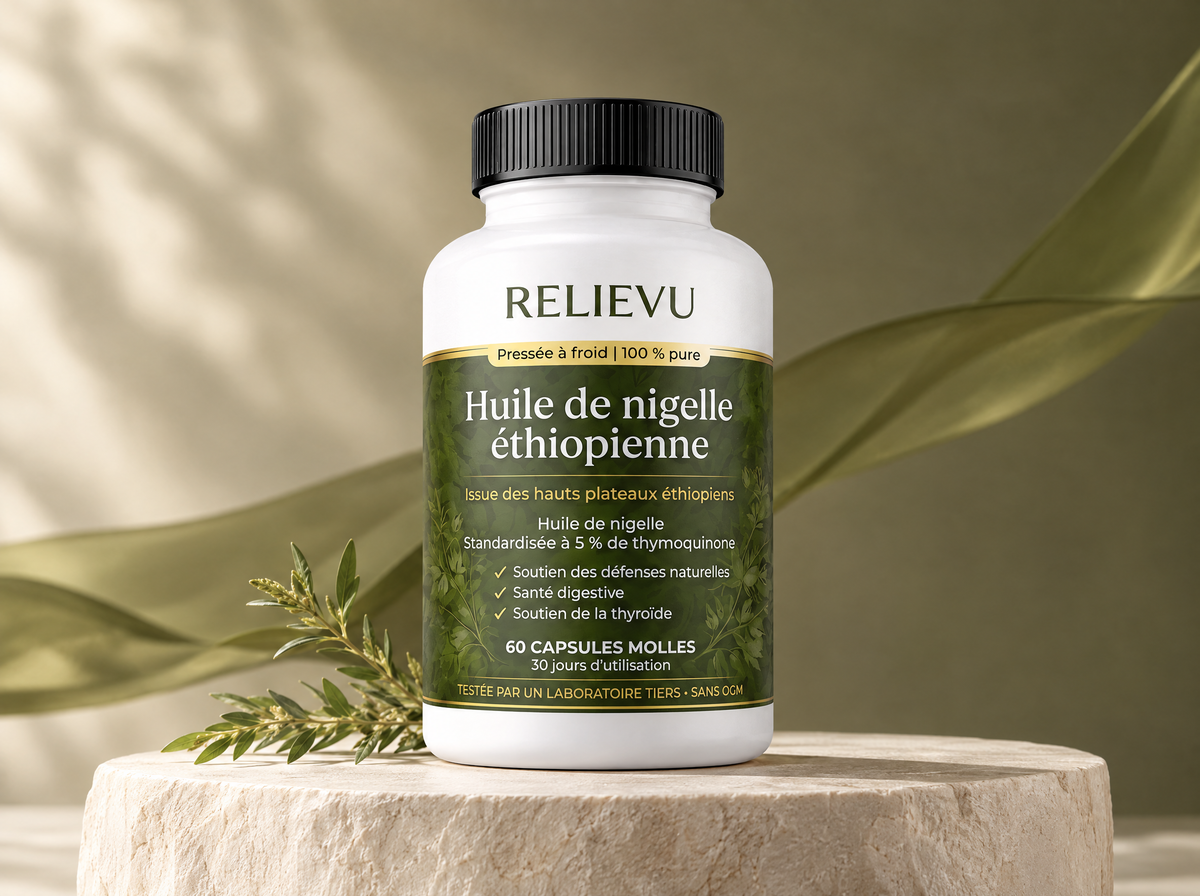 Huile de nigelle éthiopienne, présentation du produit Relievu.