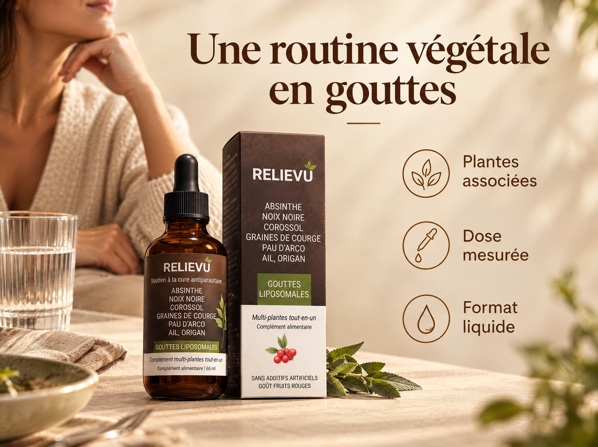 Gouttes noix noire et absinthe : Plantes associées, Dose mesurée, Format liquide.