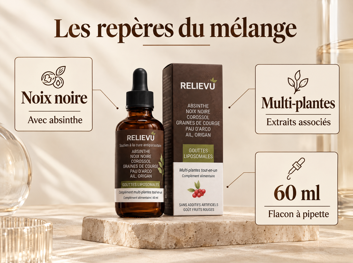 Gouttes noix noire et absinthe : infographie de la formule et du format.
