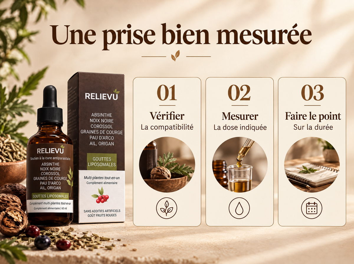 Gouttes noix noire et absinthe : Vérifier ; La compatibilité ; Mesurer ; La dose indiquée ; Faire le point ; Sur la durée.
