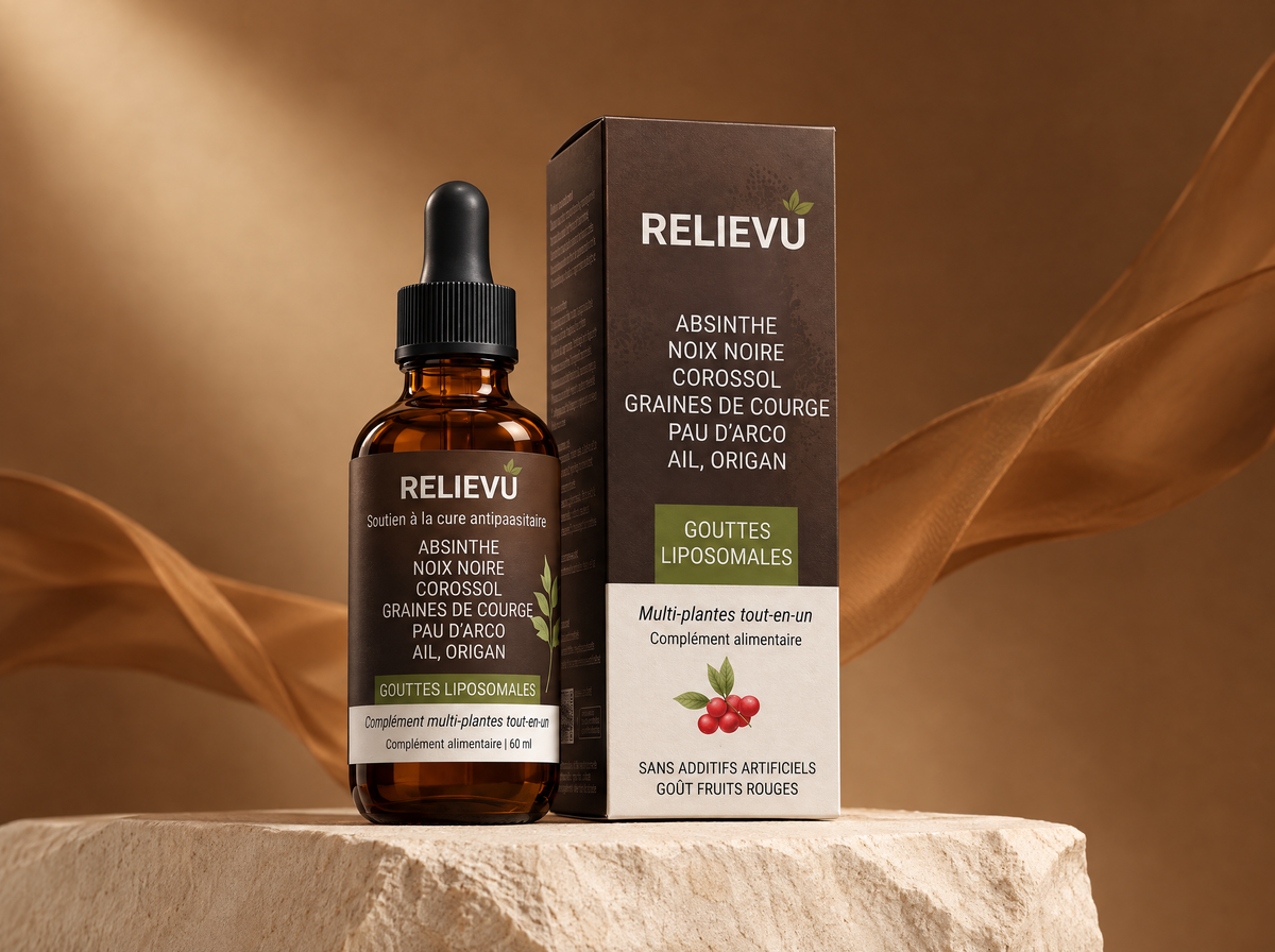 Gouttes noix noire et absinthe, présentation du produit Relievu.
