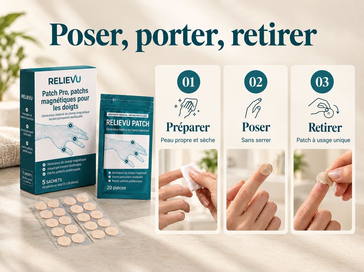 Patch Pro pour les doigts : Préparer ; Peau propre et sèche ; Poser ; Sans serrer ; Retirer ; Patch à usage unique.