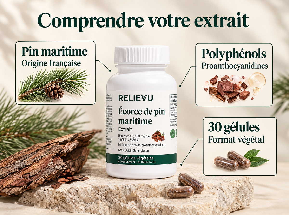 Extrait d’écorce de pin maritime : infographie de la formule et du format.