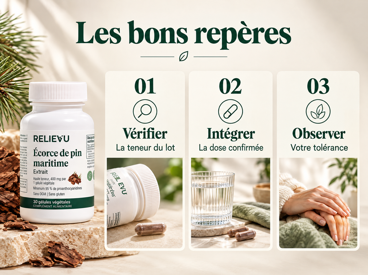 Extrait d’écorce de pin maritime : Vérifier ; La teneur du lot ; Intégrer ; La dose confirmée ; Observer ; Votre tolérance.