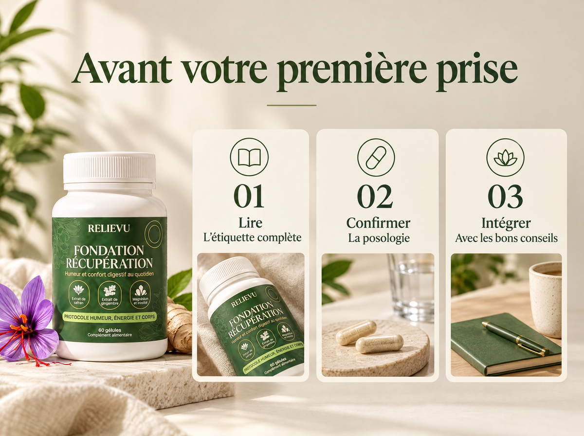 Fondation Récupération : Lire ; L’étiquette complète ; Confirmer ; La posologie ; Intégrer ; Avec les bons conseils.