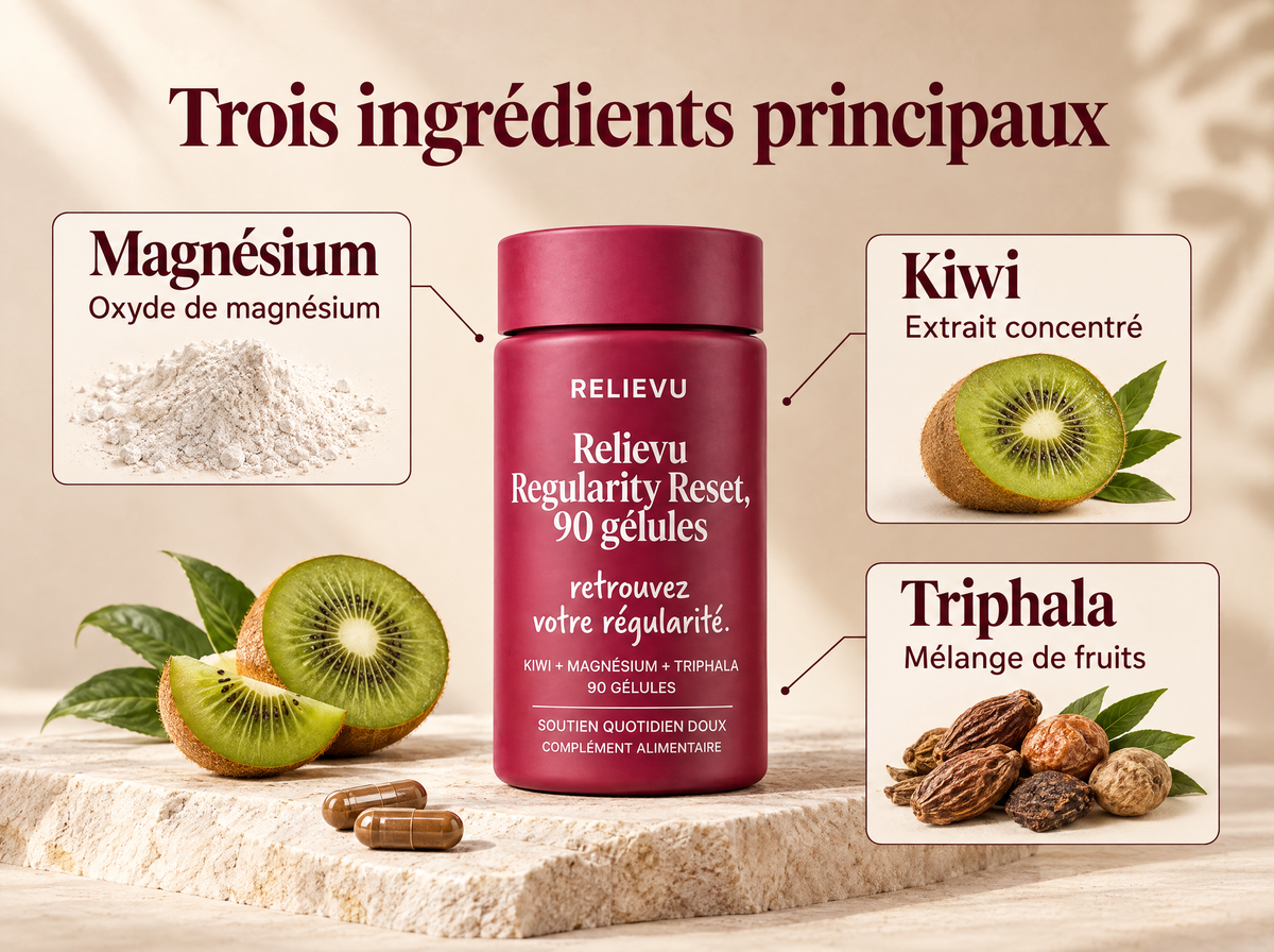 Regularity Reset, kiwi et magnésium : infographie de la formule et du format.