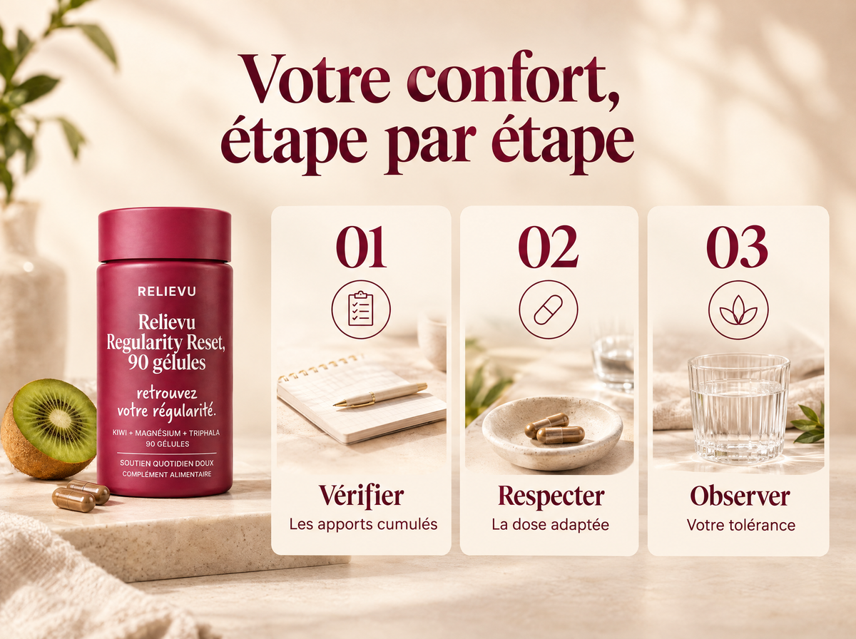 Regularity Reset, kiwi et magnésium : Vérifier ; Les apports cumulés ; Respecter ; La dose adaptée ; Observer ; Votre tolérance.