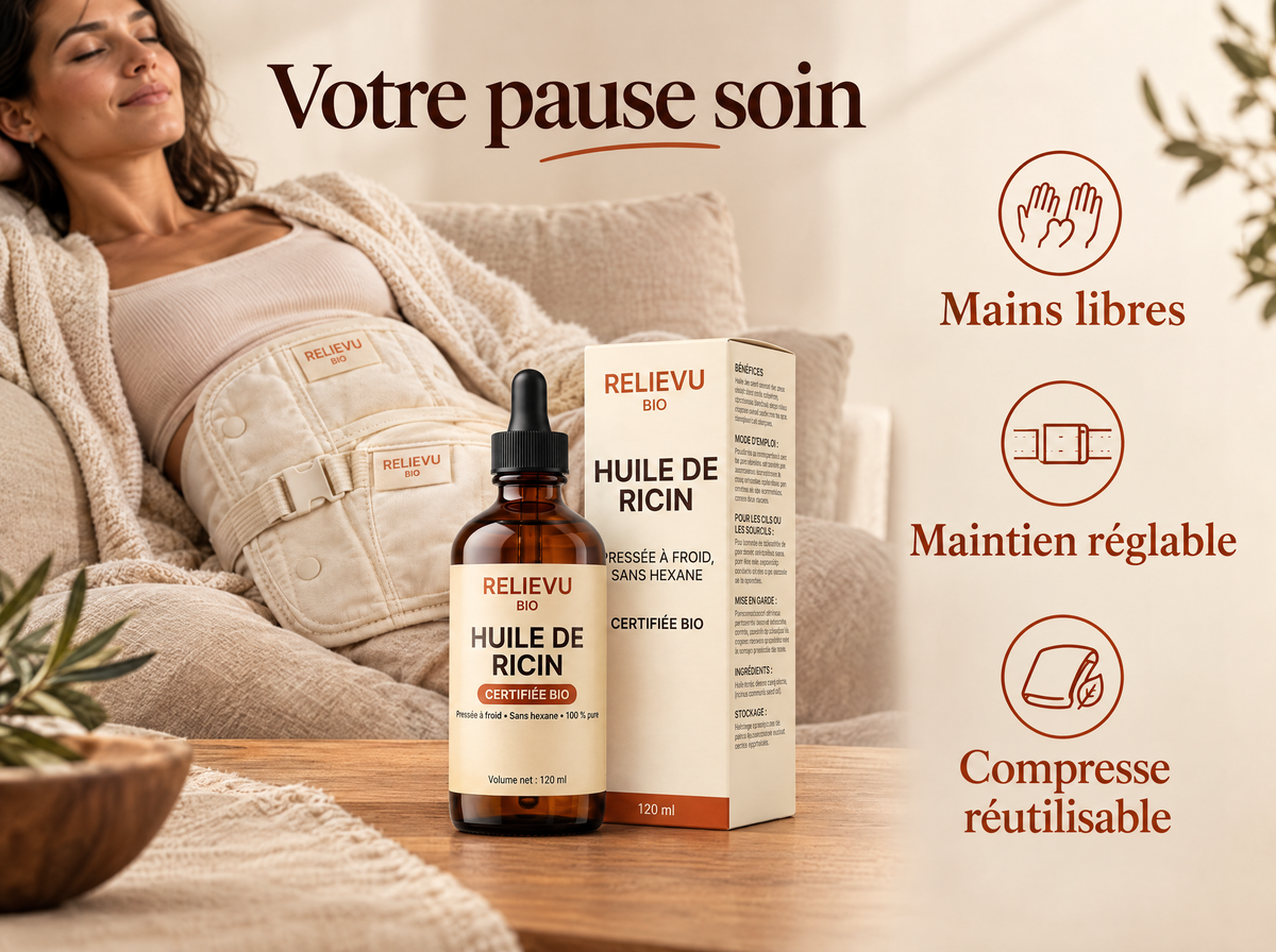 Kit d’huile de ricin et compresse : Mains libres, Maintien réglable, Compresse réutilisable.