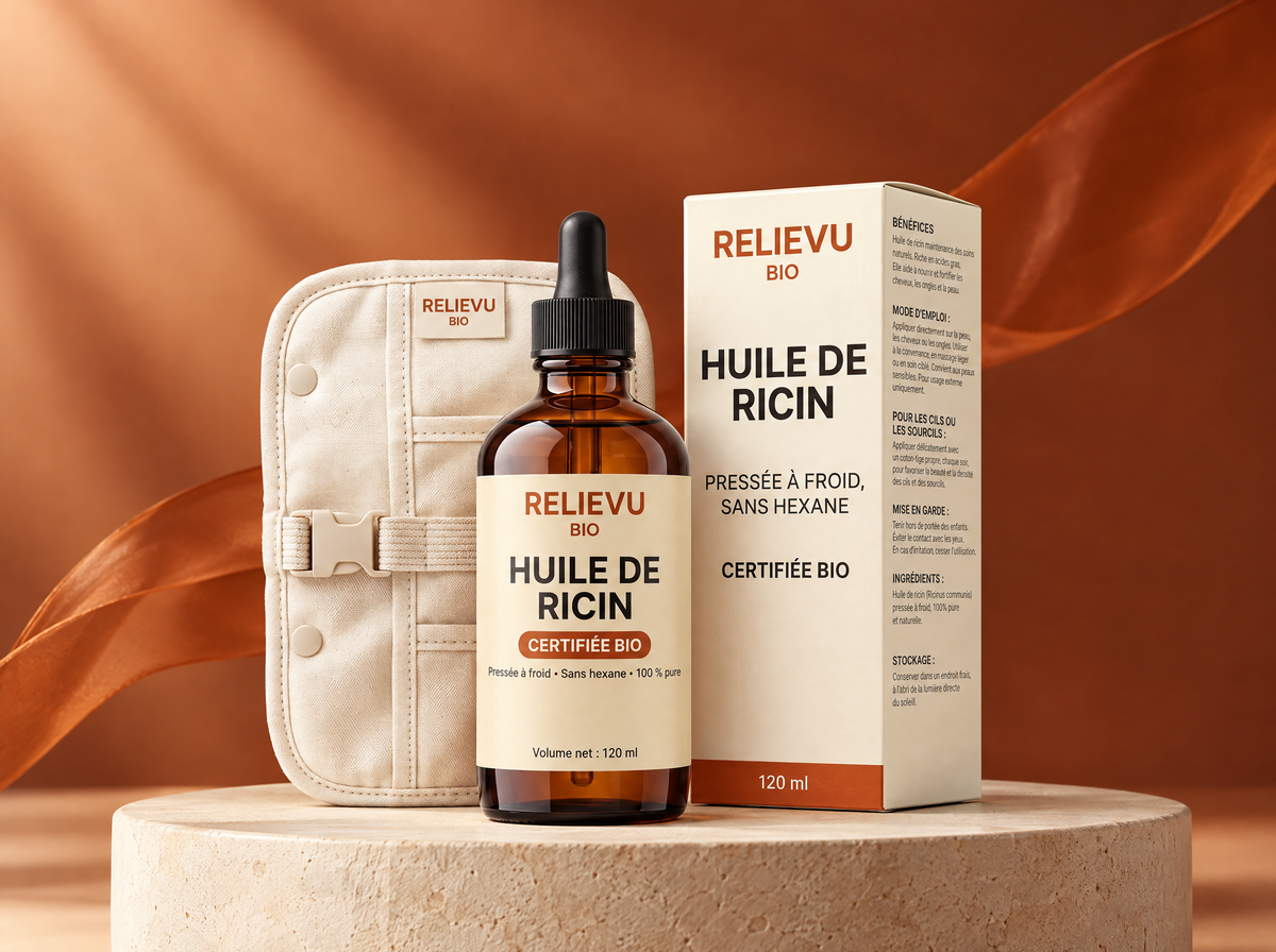 Kit d’huile de ricin et compresse, présentation du produit Relievu.