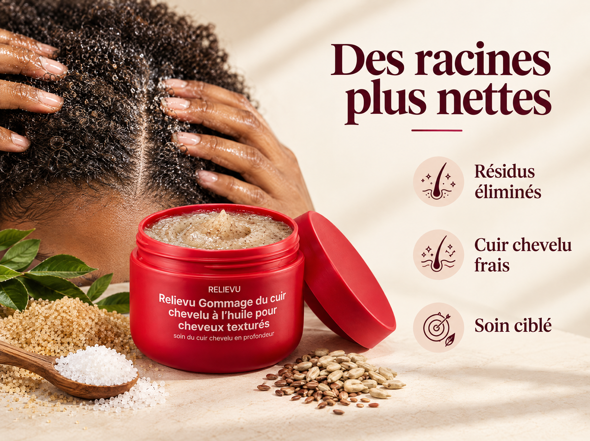 Gommage du cuir chevelu pour cheveux texturés : Résidus éliminés, Cuir chevelu frais, Soin ciblé.