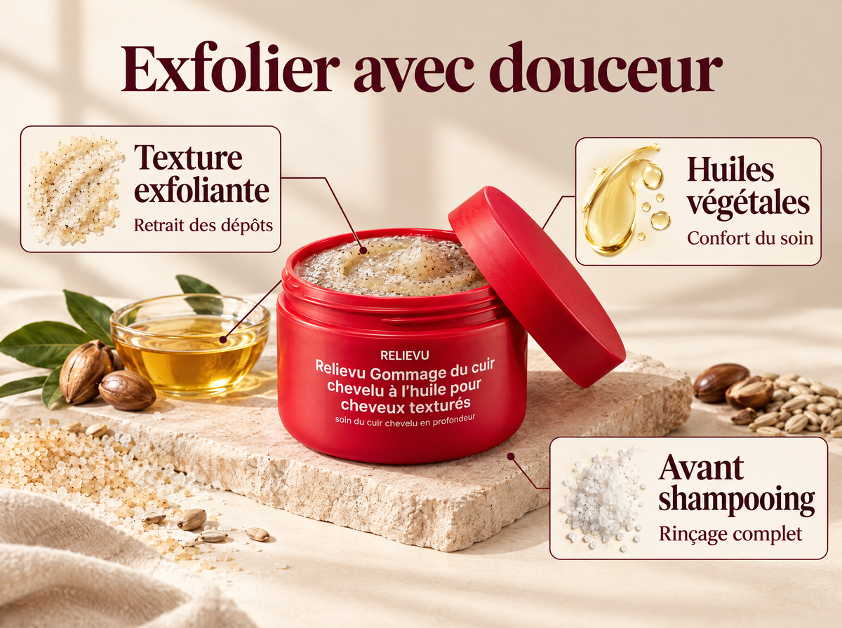 Gommage du cuir chevelu pour cheveux texturés : infographie de la formule et du format.