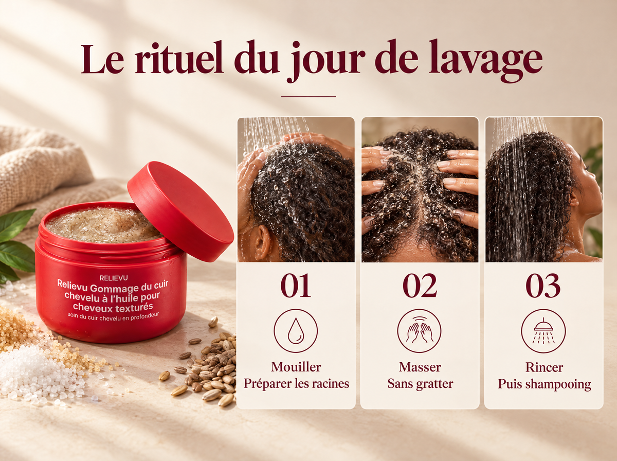 Gommage du cuir chevelu pour cheveux texturés : Mouiller ; Préparer les racines ; Masser ; Sans gratter ; Rincer ; Puis shampooing.
