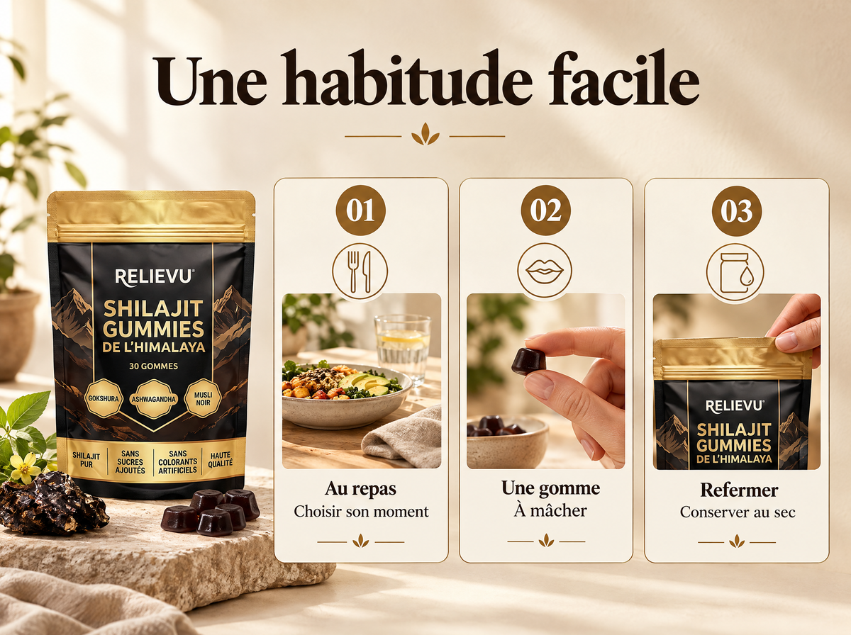 Shilajit Gummies : Au repas ; Choisir son moment ; Une gomme ; À mâcher ; Refermer ; Conserver au sec.