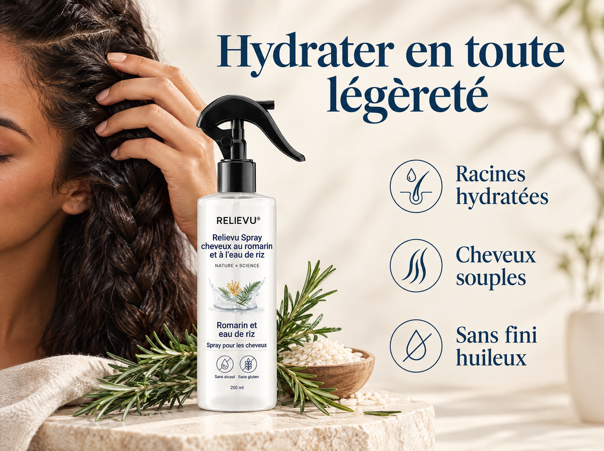 Spray cheveux au romarin et à l’eau de riz : Racines hydratées, Cheveux souples, Sans fini huileux.