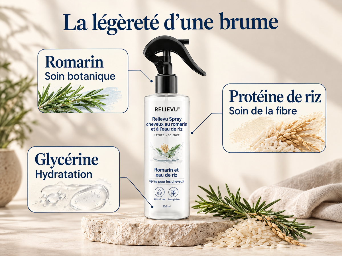 Spray cheveux au romarin et à l’eau de riz : infographie de la formule et du format.