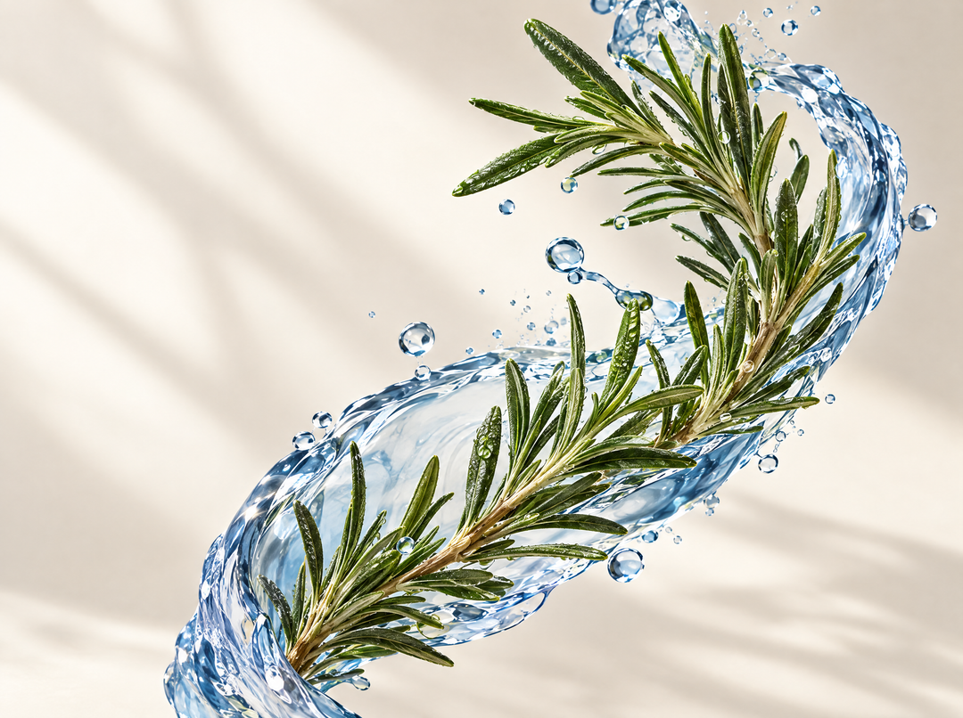 Spray cheveux au romarin et à l’eau de riz — Romarin, composition abstraite.