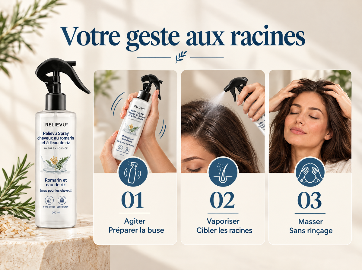 Spray cheveux au romarin et à l’eau de riz : Agiter ; Préparer la buse ; Vaporiser ; Cibler les racines ; Masser ; Sans rinçage.