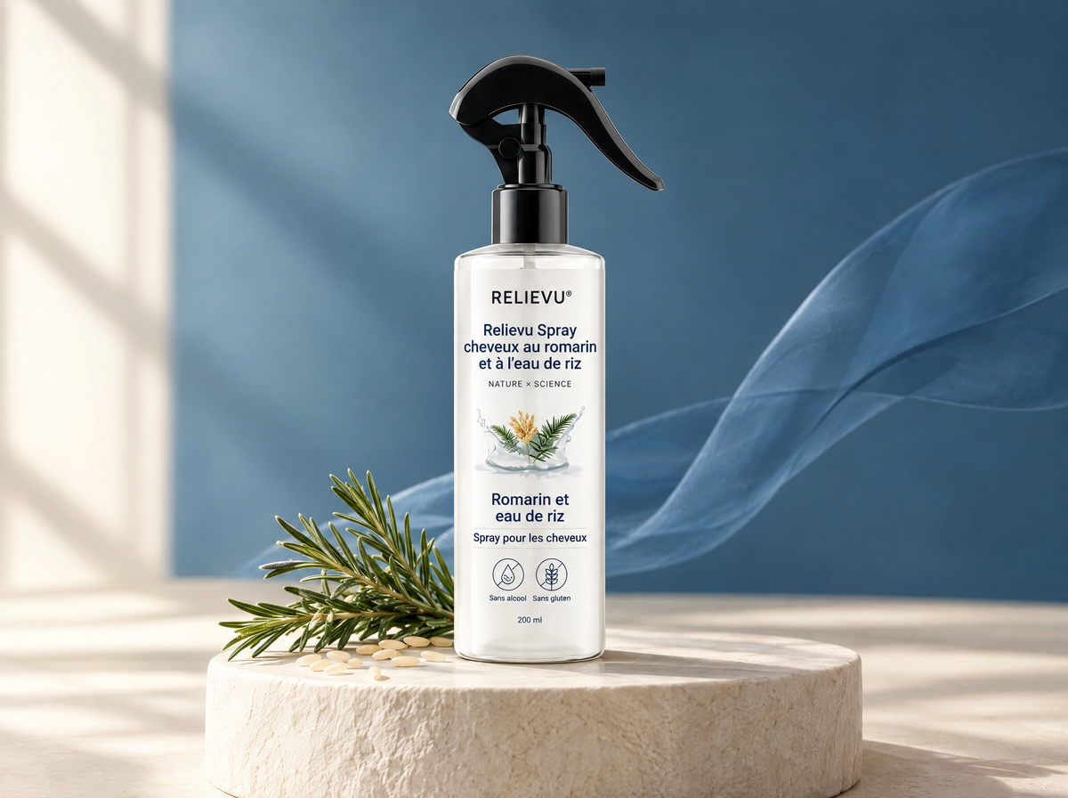 Spray cheveux au romarin et à l’eau de riz, présentation du produit Relievu.