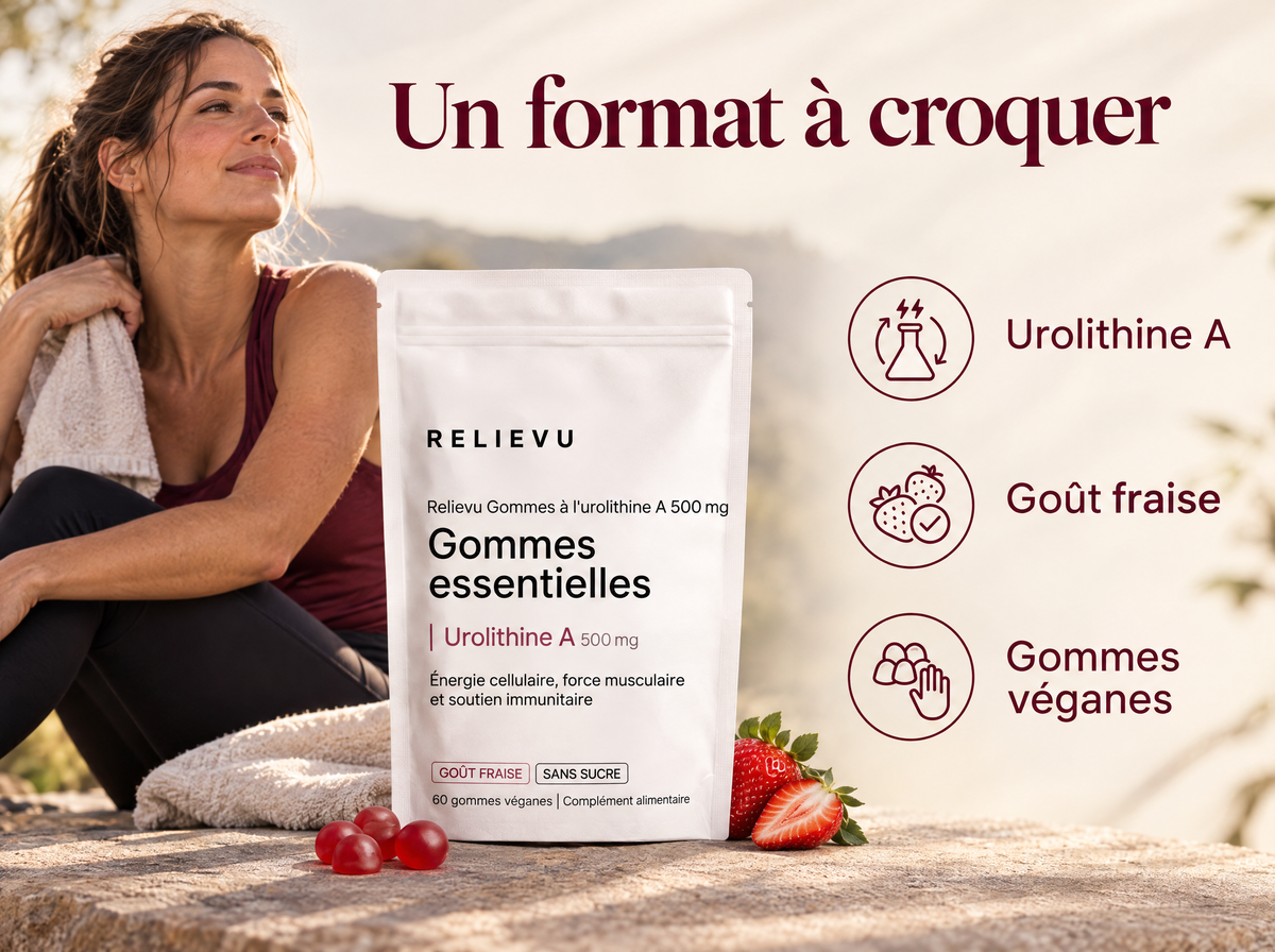 Gommes à l’urolithine A 500 mg : Urolithine A, Goût fraise, Gommes véganes.