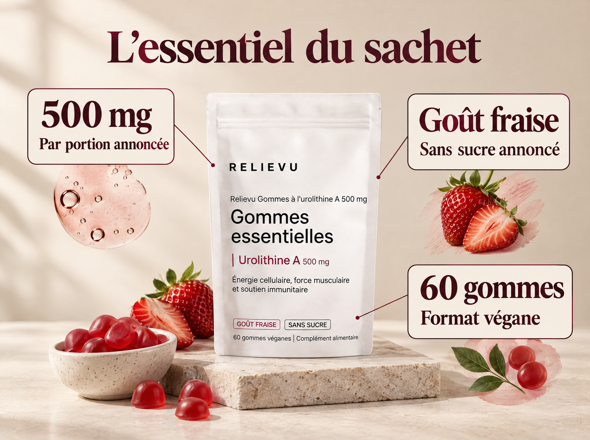 Gommes à l’urolithine A 500 mg : infographie de la formule et du format.