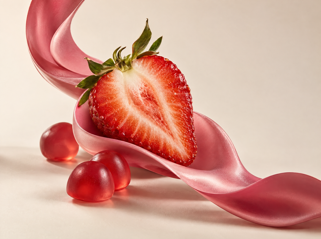 Gommes à l’urolithine A 500 mg — Goût fraise, composition abstraite.
