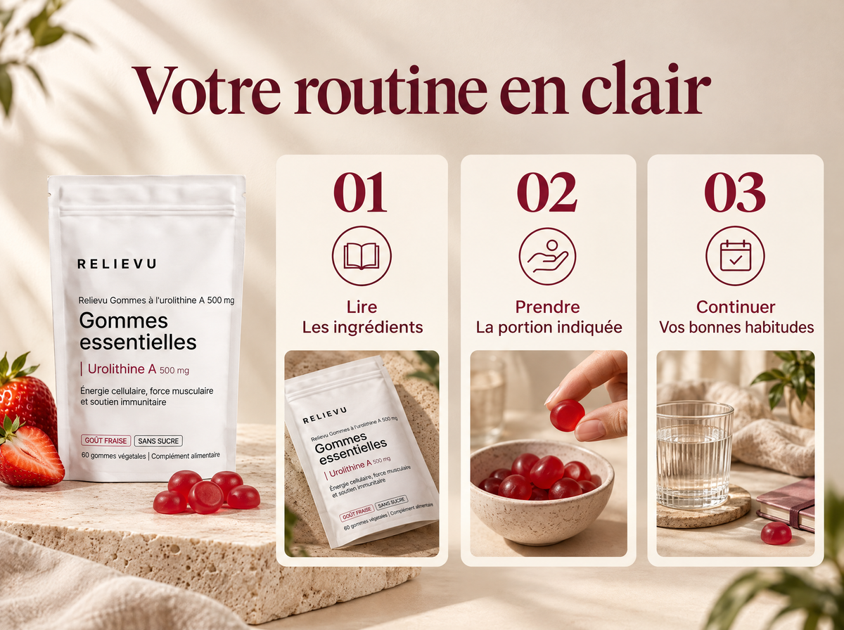Gommes à l’urolithine A 500 mg : Lire ; Les ingrédients ; Prendre ; La portion indiquée ; Continuer ; Vos bonnes habitudes.