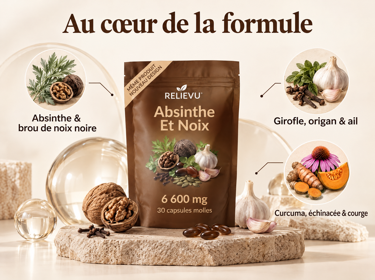 Absinthe, Brou De Noix Et Clou De Girofle 6 600 mg — Au cœur de la formule ; Absinthe & brou de noix noire ; Girofle, origan & ail ; Curcuma, échinacée & courge