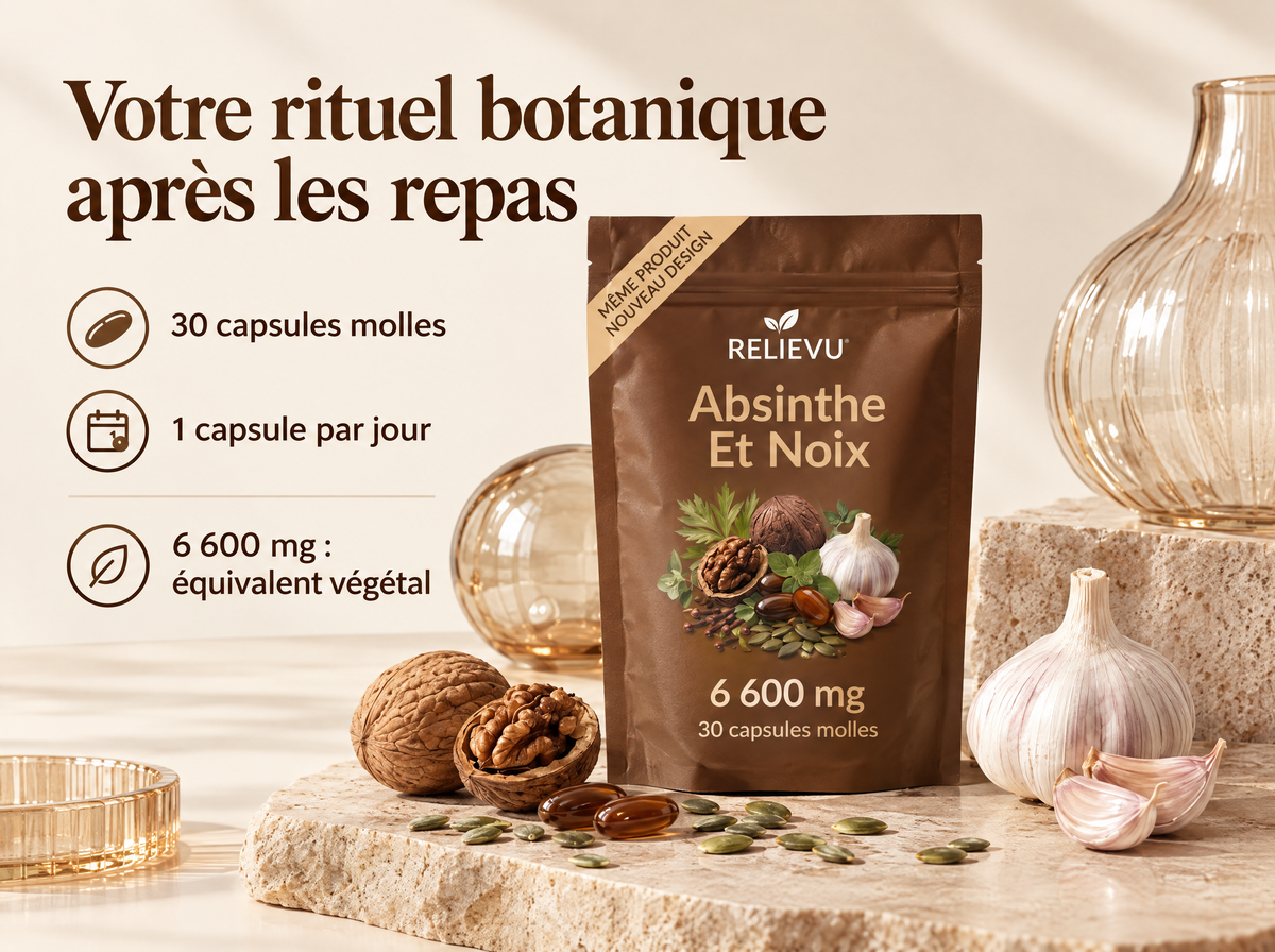 Absinthe, Brou De Noix Et Clou De Girofle 6 600 mg — Votre rituel botanique après les repas ; 30 capsules molles ; 1 capsule par jour ; 6 600 mg : équivalent végétal