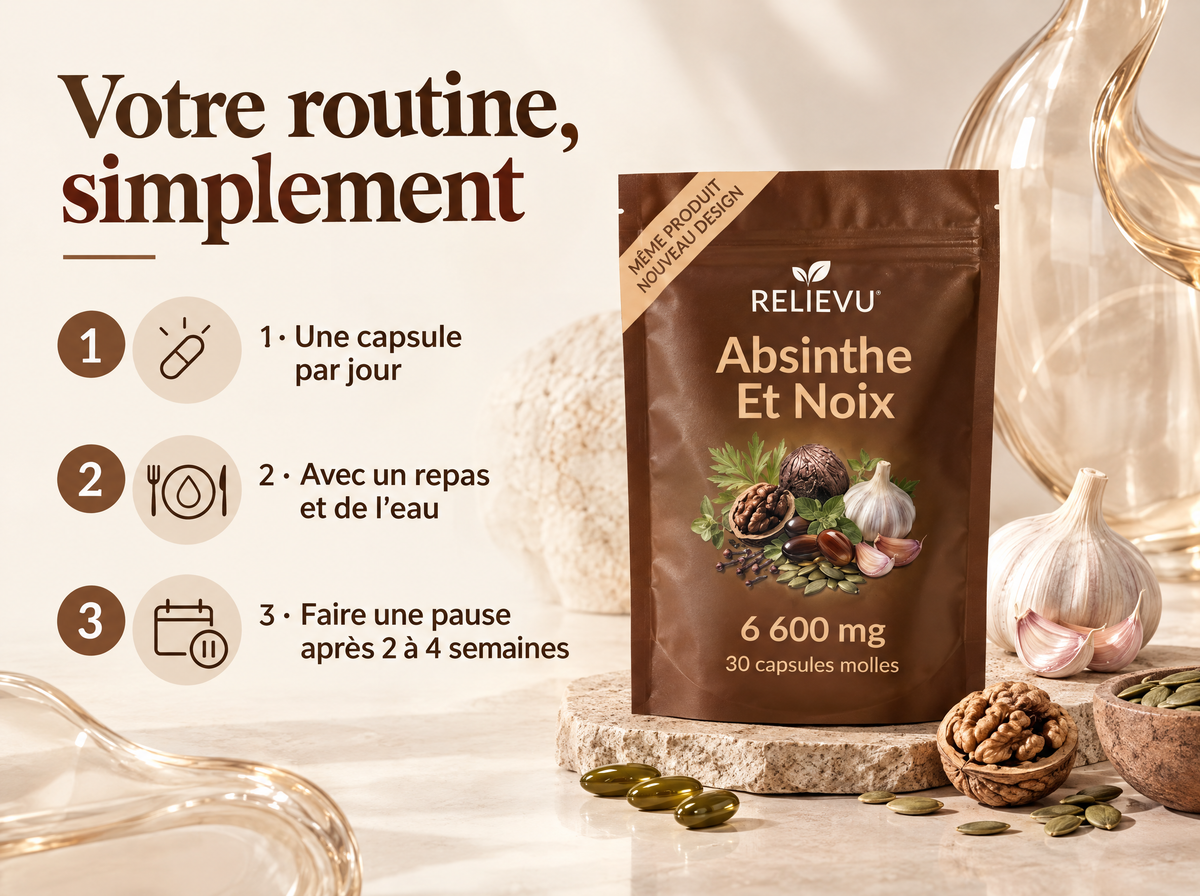 Absinthe, Brou De Noix Et Clou De Girofle 6 600 mg — Votre routine, simplement ; 1 · Une capsule par jour ; 2 · Avec un repas et de l’eau ; 3 · Faire une pause après 2 à 4 semaines