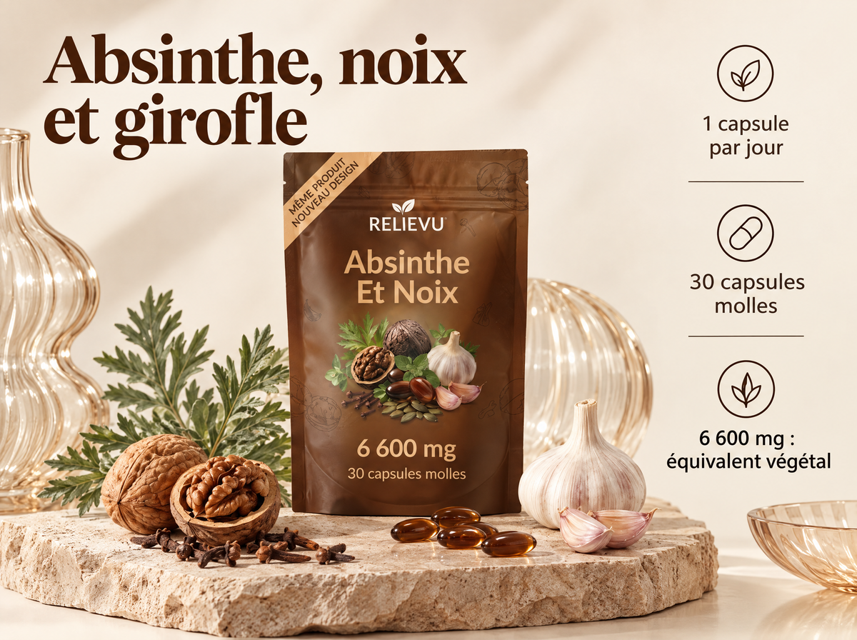 Absinthe, Brou De Noix Et Clou De Girofle 6 600 mg — Absinthe, noix et girofle ; 30 capsules molles ; 1 capsule par jour ; 6 600 mg : équivalent végétal