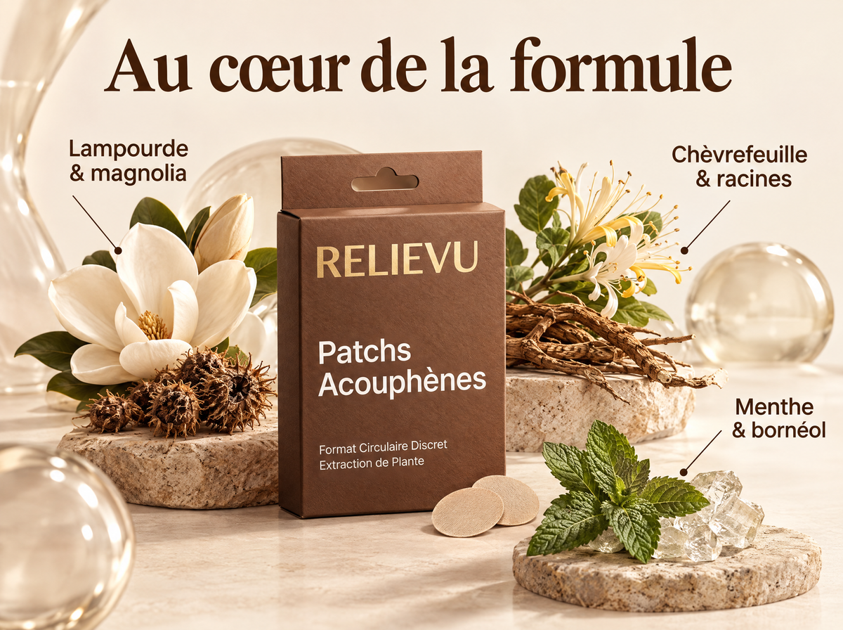 Patchs Aux Extraits Végétaux Pour Acouphènes — Au cœur de la formule ; Lampourde & magnolia ; Chèvrefeuille & racines ; Menthe & bornéol