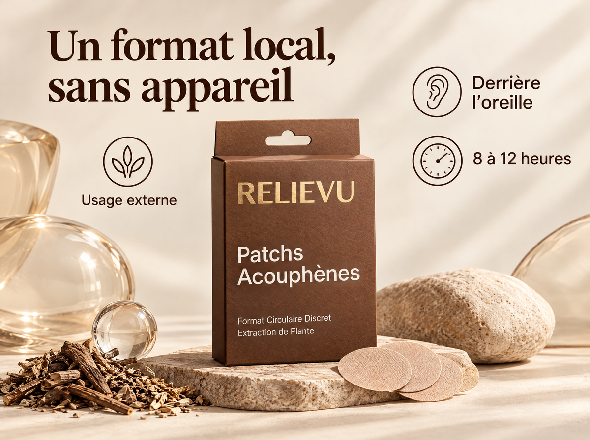 Patchs Aux Extraits Végétaux Pour Acouphènes — Un format local, sans appareil ; Usage externe ; Derrière l’oreille ; 8 à 12 heures