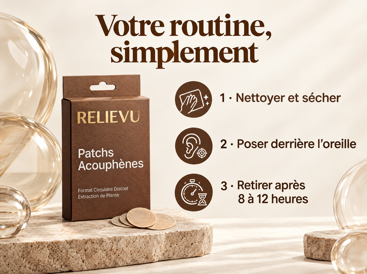 Patchs Aux Extraits Végétaux Pour Acouphènes — Votre routine, simplement ; 1 · Nettoyer et sécher ; 2 · Poser derrière l’oreille ; 3 · Retirer après 8 à 12 heures