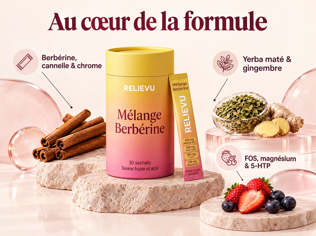 Berbérine Et Yerba Maté — Au cœur de la formule ; Berbérine, cannelle & chrome ; Yerba maté & gingembre ; FOS, magnésium & 5-HTP