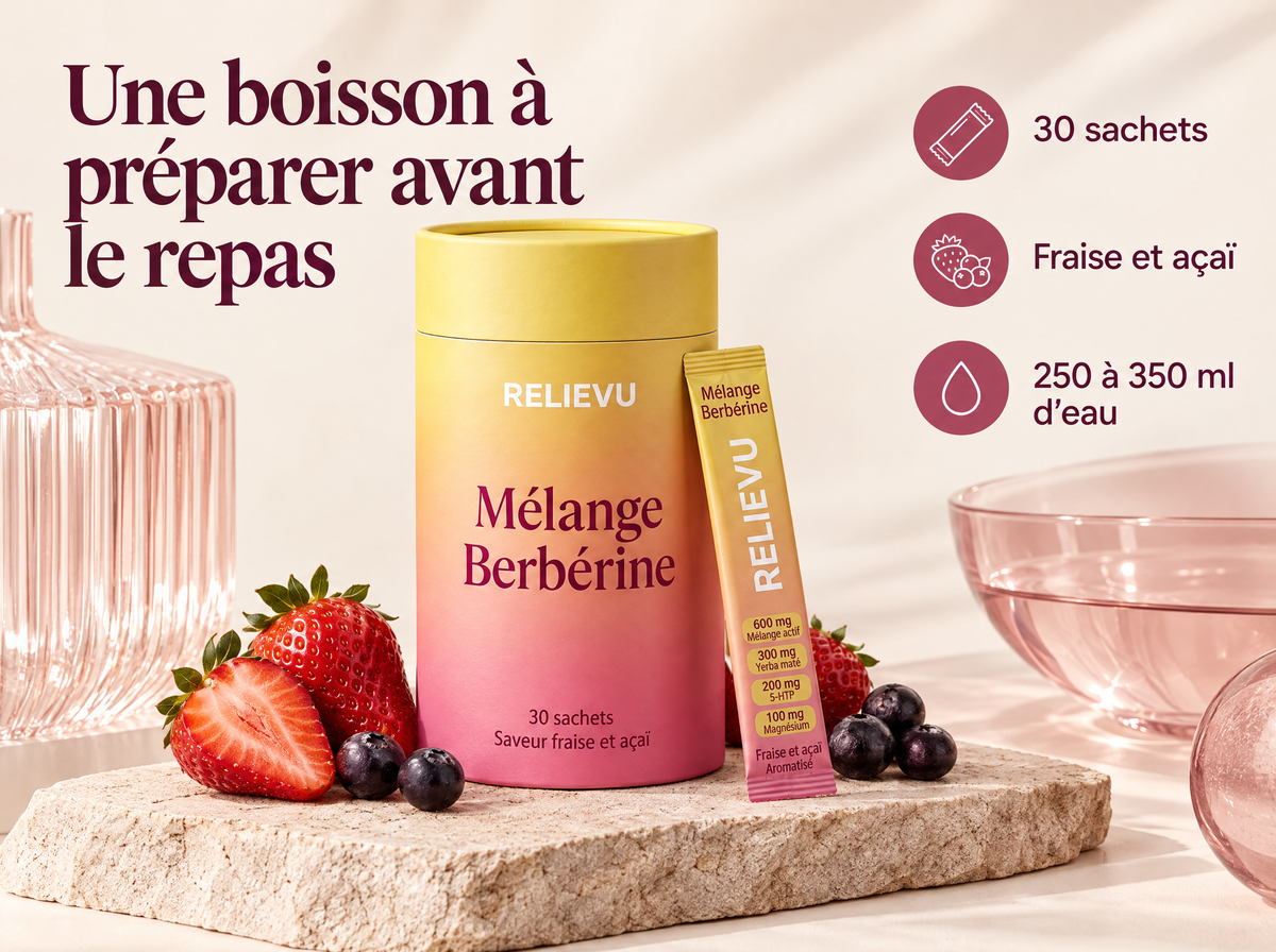 Berbérine Et Yerba Maté — Une boisson à préparer avant le repas ; 30 sachets ; Fraise et açaï ; 250 à 350 ml d’eau