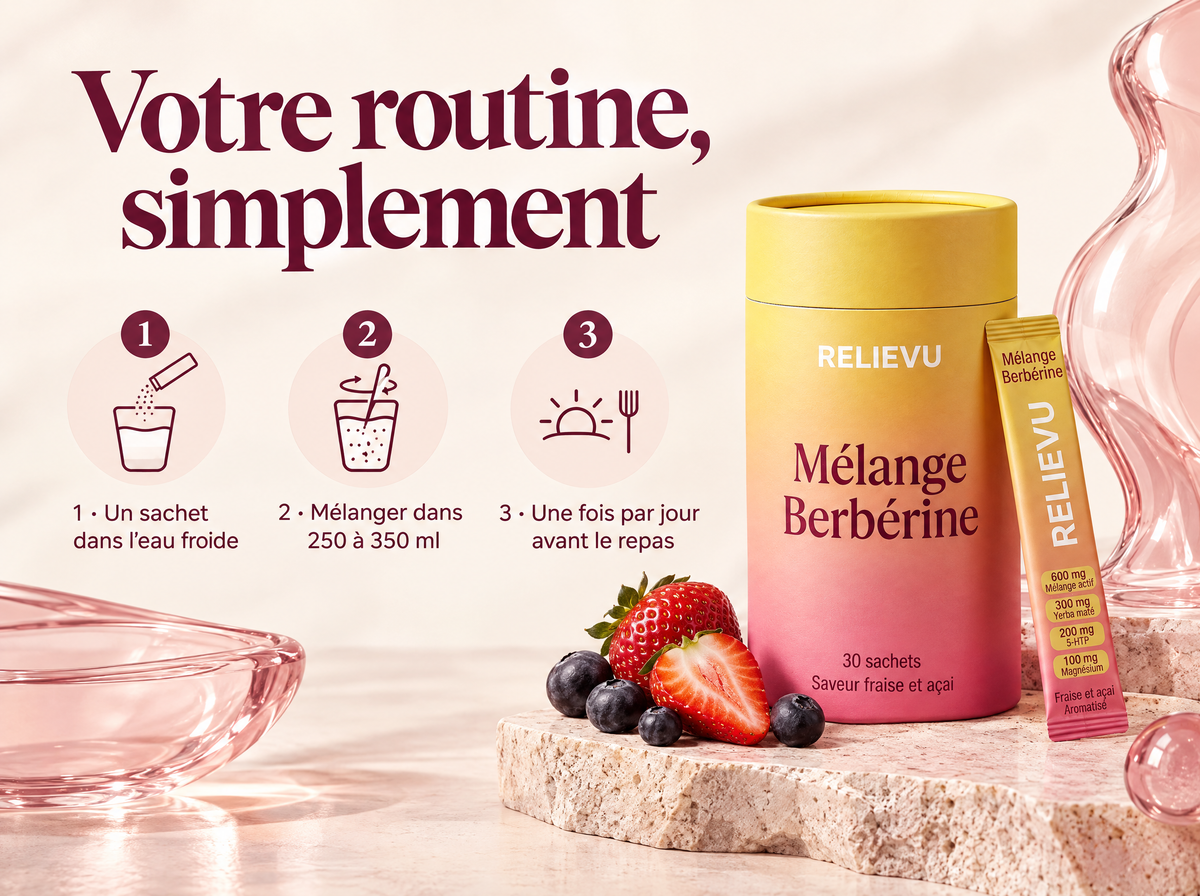 Berbérine Et Yerba Maté — Votre routine, simplement ; 1 · Un sachet dans l’eau froide ; 2 · Mélanger dans 250 à 350 ml ; 3 · Une fois par jour avant le repas