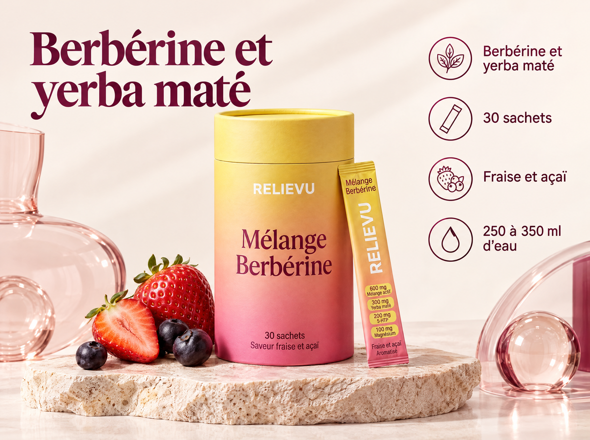 Berbérine Et Yerba Maté — Berbérine et yerba maté ; 30 sachets ; Fraise et açaï ; 250 à 350 ml d’eau