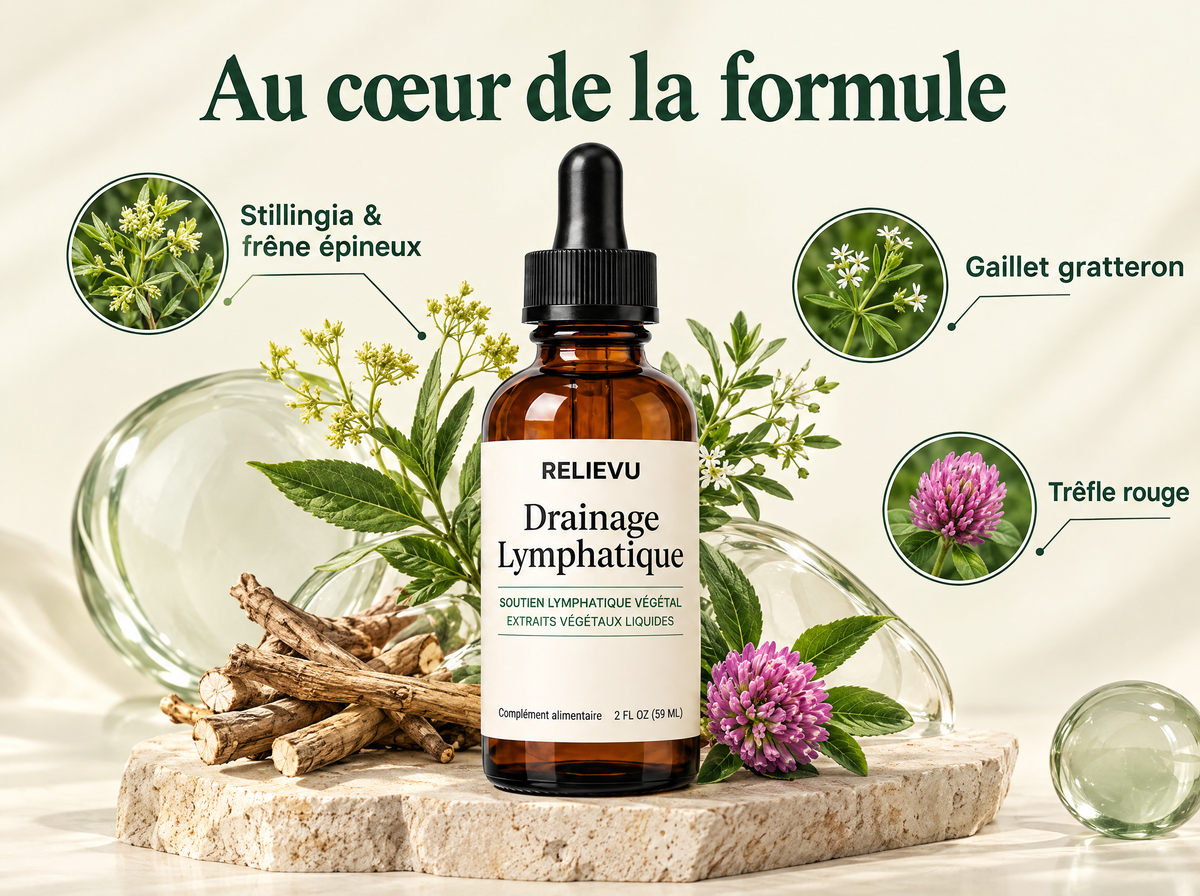 Extraits Botaniques Drainage Lymphatique — Au cœur de la formule ; Stillingia & frêne épineux ; Gaillet gratteron ; Trèfle rouge