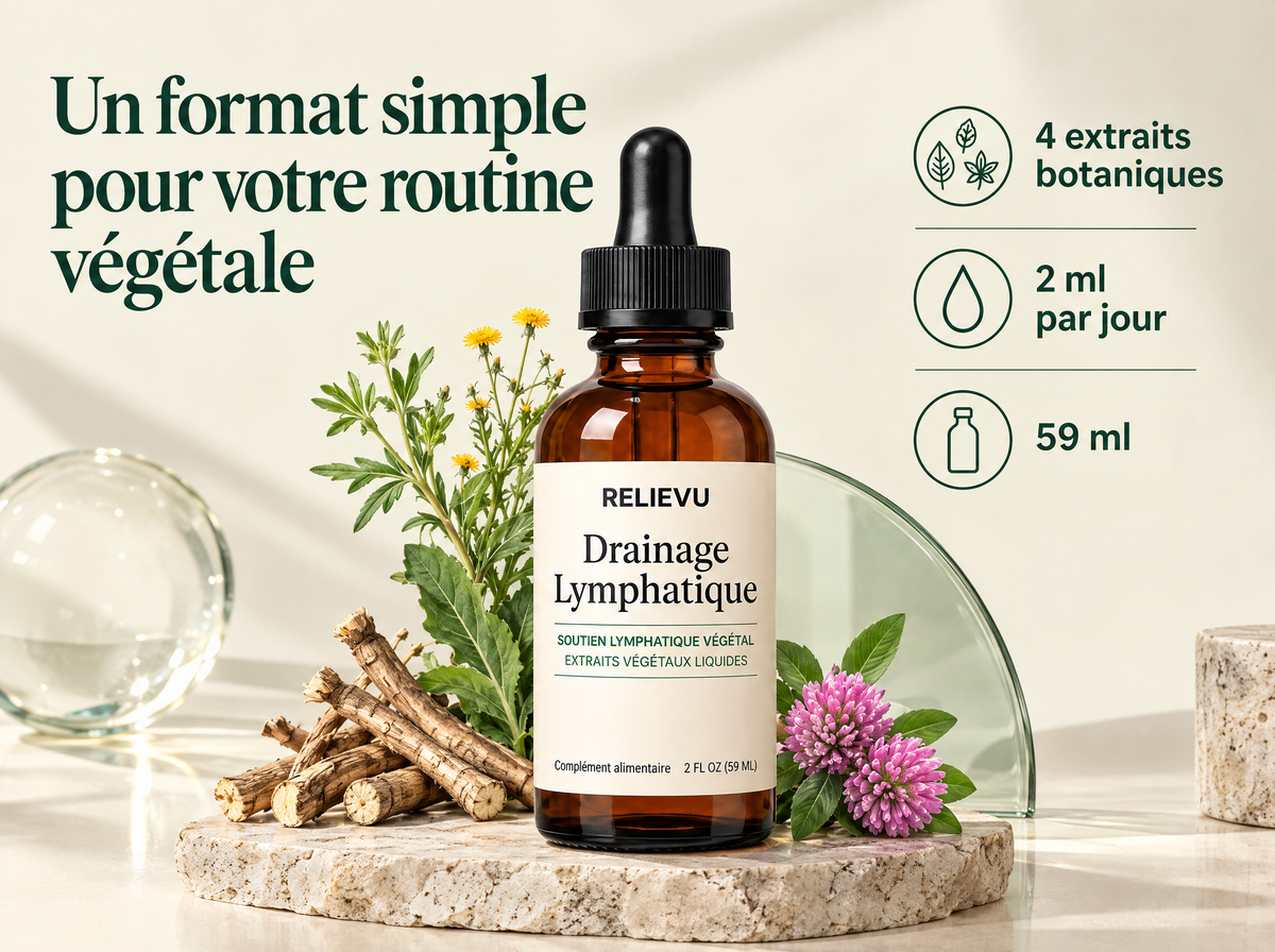 Extraits Botaniques Drainage Lymphatique — Un format simple pour votre routine végétale ; 59 ml ; 4 extraits botaniques ; 2 ml par jour