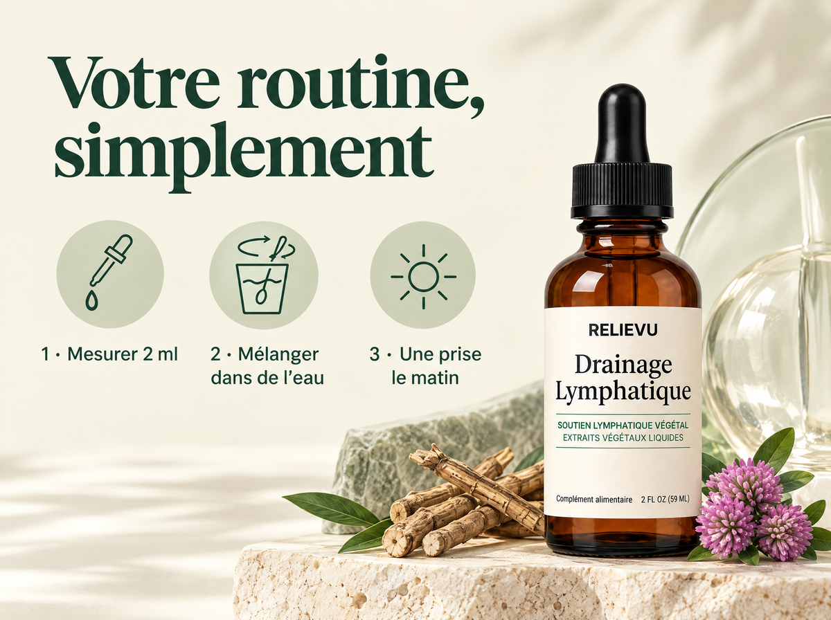 Extraits Botaniques Drainage Lymphatique — Votre routine, simplement ; 1 · Mesurer 2 ml ; 2 · Mélanger dans de l’eau ; 3 · Une prise le matin