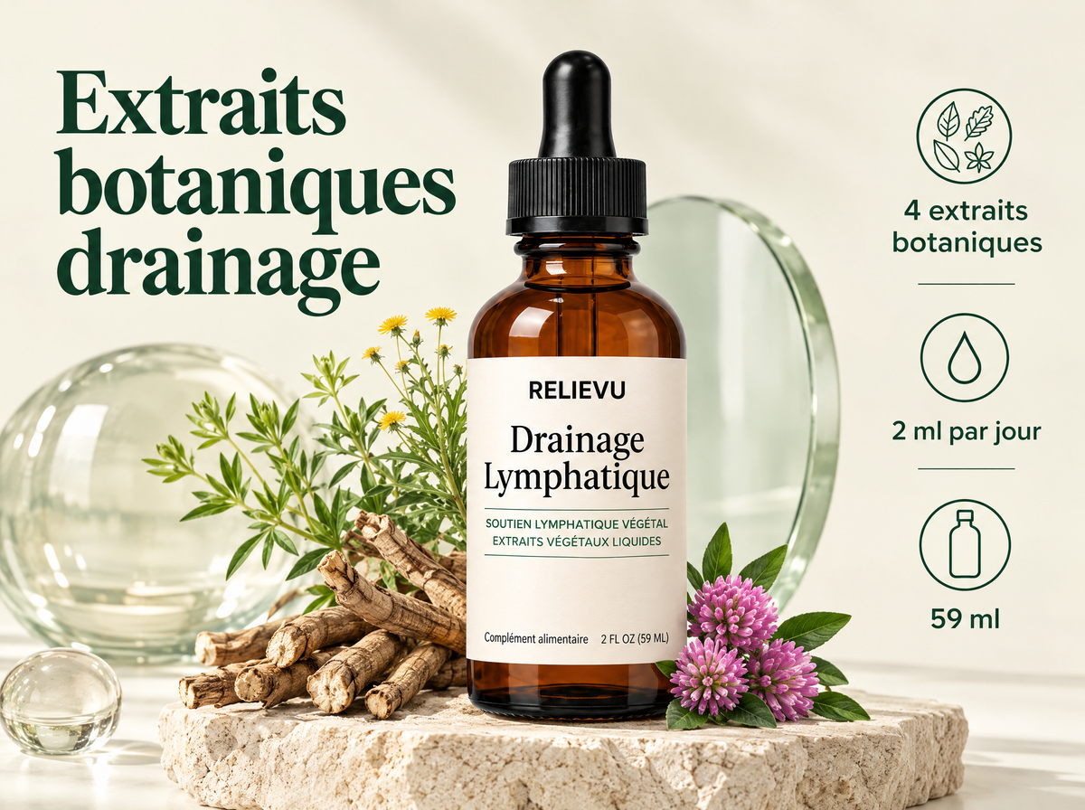 Extraits Botaniques Drainage Lymphatique — Extraits botaniques drainage ; 59 ml ; 4 extraits botaniques ; 2 ml par jour