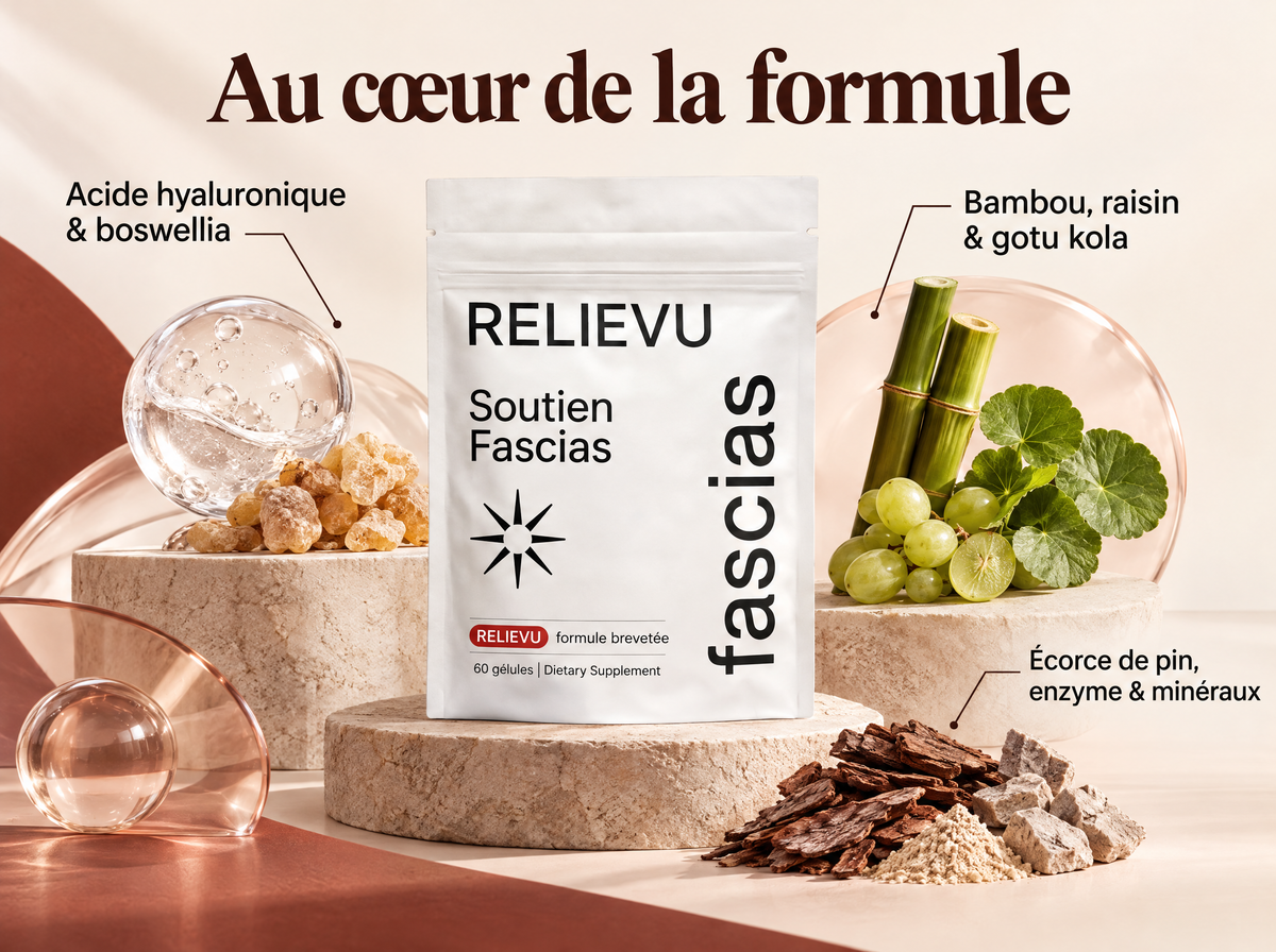 Complexe De Soutien Des Fascias — Au cœur de la formule ; Acide hyaluronique & boswellia ; Bambou, raisin & gotu kola ; Écorce de pin, enzyme & minéraux
