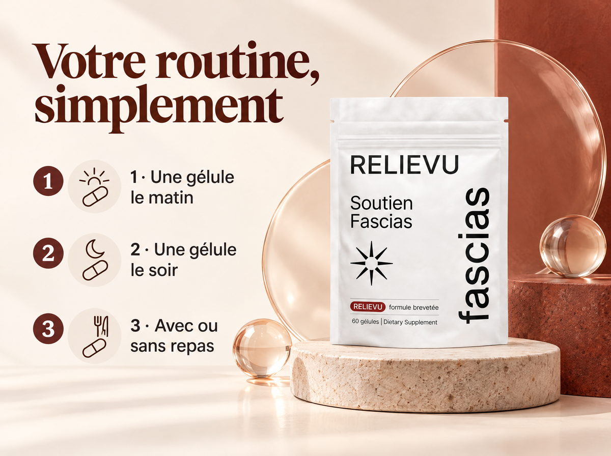 Complexe De Soutien Des Fascias — Votre routine, simplement ; 1 · Une gélule le matin ; 2 · Une gélule le soir ; 3 · Avec ou sans repas
