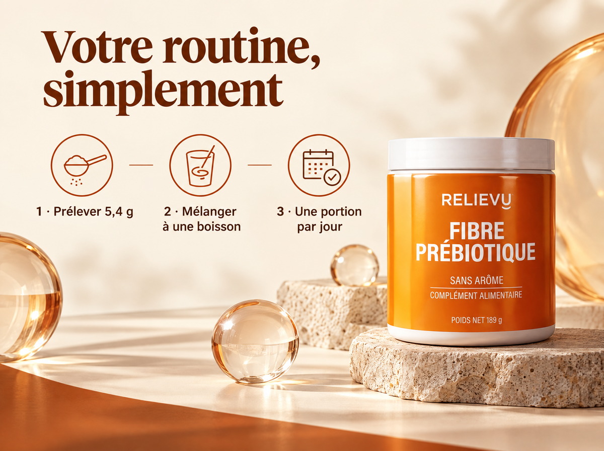 Fibre Prébiotique FOSSENCE® P95 — Votre routine, simplement ; 1 · Prélever 5,4 g ; 2 · Mélanger à une boisson ; 3 · Une portion par jour