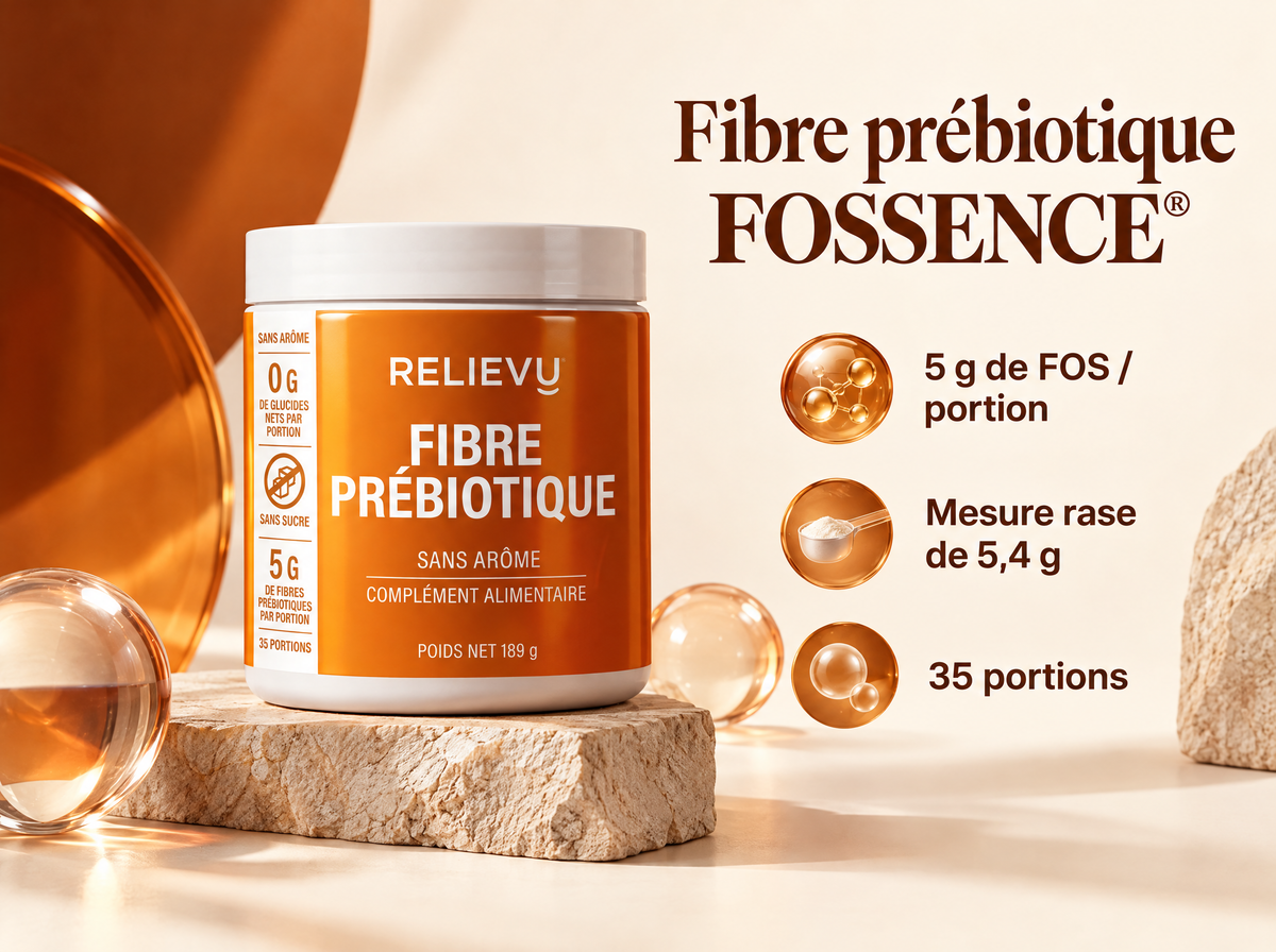 Fibre Prébiotique FOSSENCE® P95 — Fibre prébiotique FOSSENCE® ; 5 g de FOS / portion ; Mesure rase de 5,4 g ; 35 portions