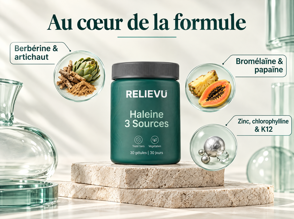 Formule Haleine Trois Sources — Au cœur de la formule ; Berbérine & artichaut ; Bromélaïne & papaïne ; Zinc, chlorophylline & K12