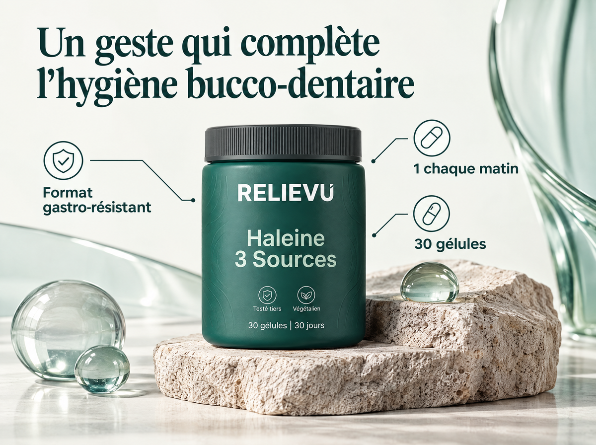 Formule Haleine Trois Sources — Un geste qui complète l’hygiène bucco-dentaire ; 30 gélules ; 1 chaque matin ; Format gastro-résistant