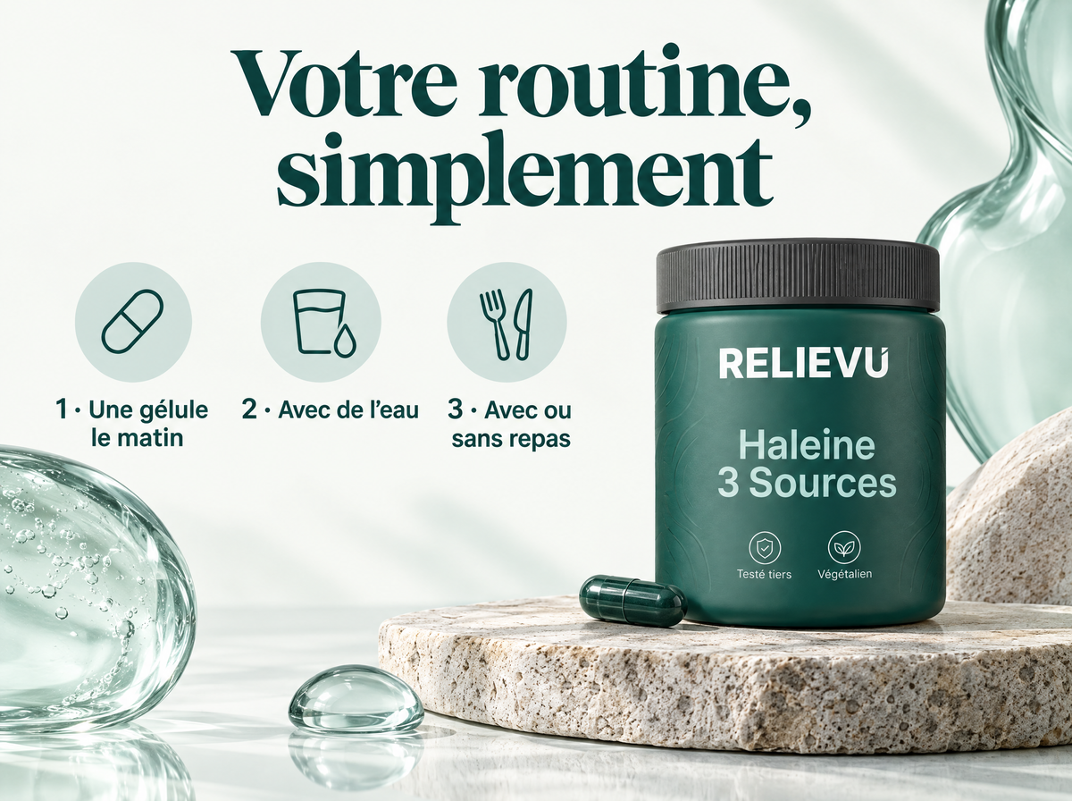 Formule Haleine Trois Sources — Votre routine, simplement ; 1 · Une gélule le matin ; 2 · Avec de l’eau ; 3 · Avec ou sans repas