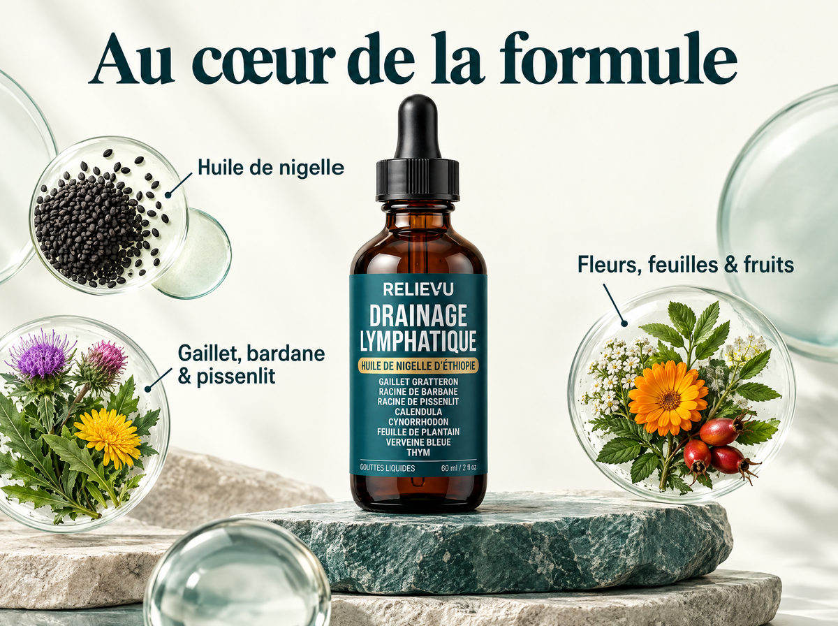 Complexe Lymphatique Liposomal — Au cœur de la formule ; Huile de nigelle ; Gaillet, bardane & pissenlit ; Fleurs, feuilles & fruits